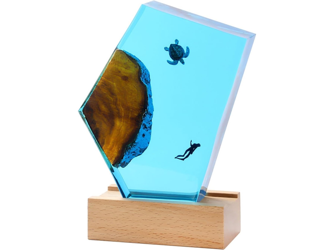 Luminária Noturna Oceano Em Resina Epóxi Com Base De Madeira Led Azul