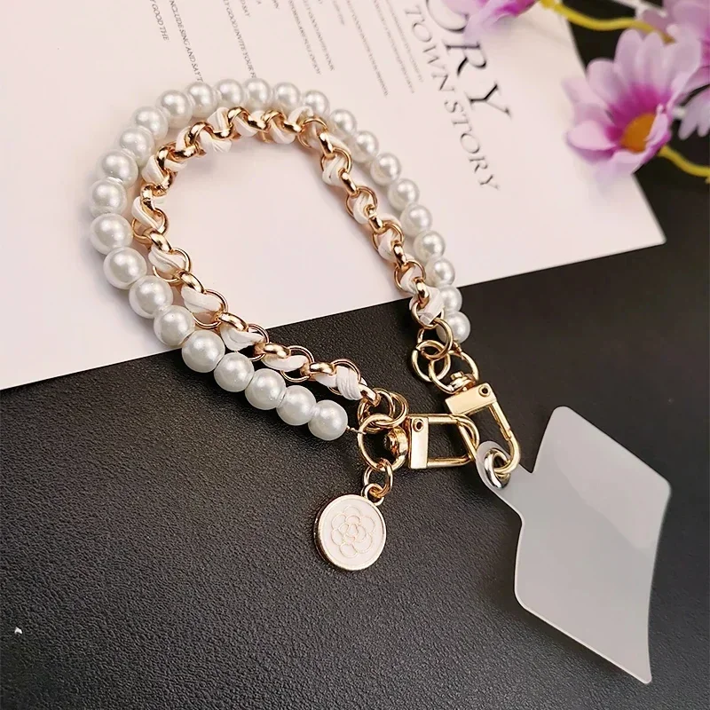 Pulseira De Celular Com Pingente De Camélia, Pérola E Couro, 26 Cm, Corrente Universal Anti-perda, Alça De Metal, Chaveiro, Branca, Com Embalagem.