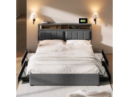 Cama Casal 140x200cm 4 Gavetas Usb C Apoio Cabeça Ajustável Polstered