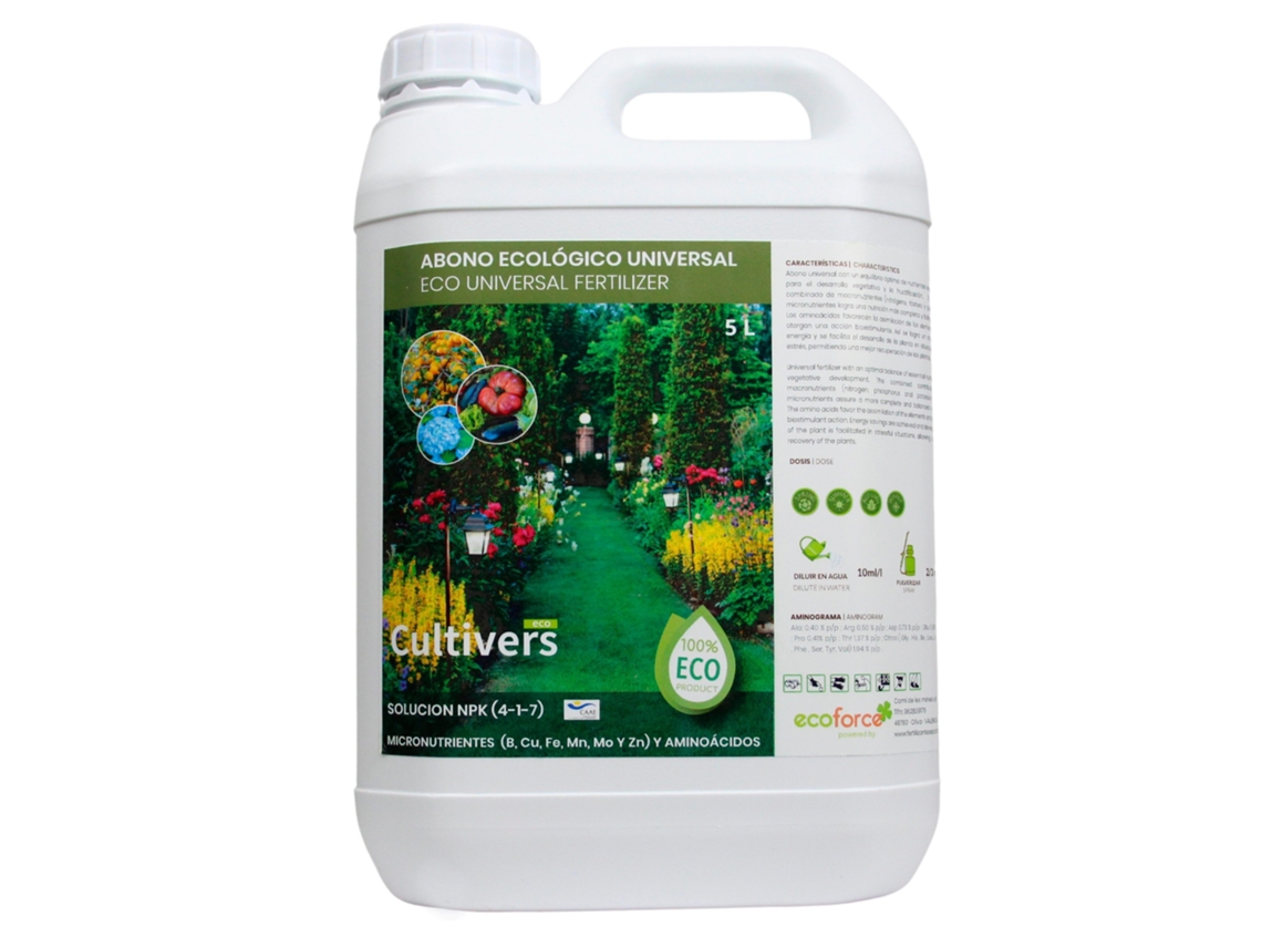 CULTIVERS 5L Fertilizante Universal Ecológico Líquido. Adubo 100% Orgânico e Natural. Solução Npk (4-1-7) com Micronutrientes (B, Fe, Mn, Mo e Zn)