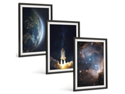 Composição De Quadros Espaço, Terra, Foguete, Galáxia Moldura Preta Fotos Para O Escritório Espelharte (3 Piezas De 40x60 Cm)