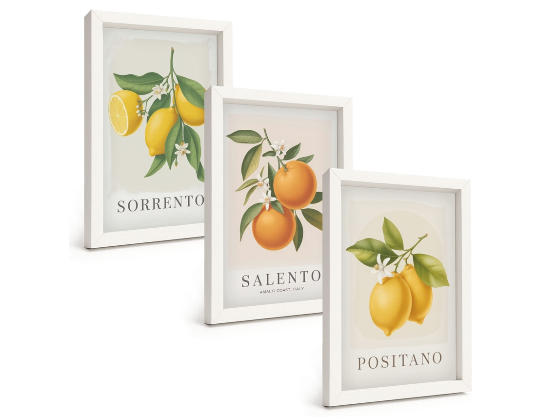 Conjunto De Quadros Com Moldura Limões, Laranjas, Amalfi Moldura Branca Fotos Para O Corredor Espelharte (3 Peças 20x30 Cm)