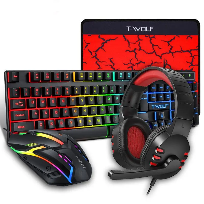 Conjunto Com Mouse, Teclado E Fone De Ouvido Com Fio, Incluindo Um Mousepad Grande E Mouse E Teclado Com Retroiluminação Led Em Arco-íris.