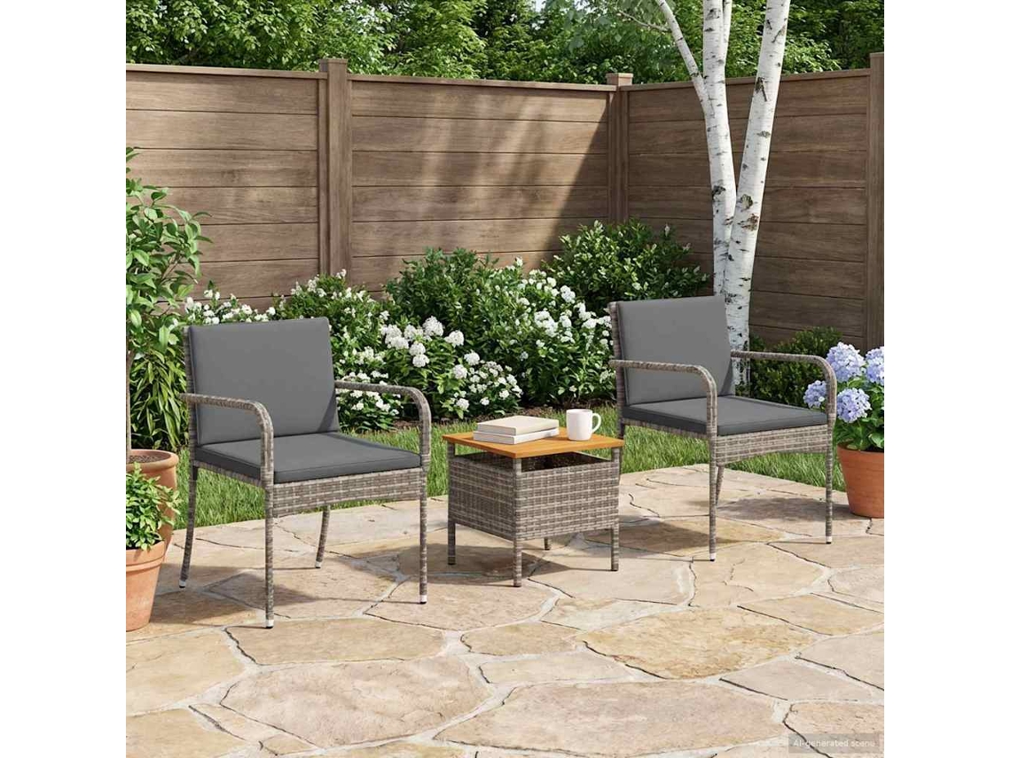 Vidaxl Conjunto Bistro De Jardim Com Almofada 3 Pcs Cinzento Vime Pe