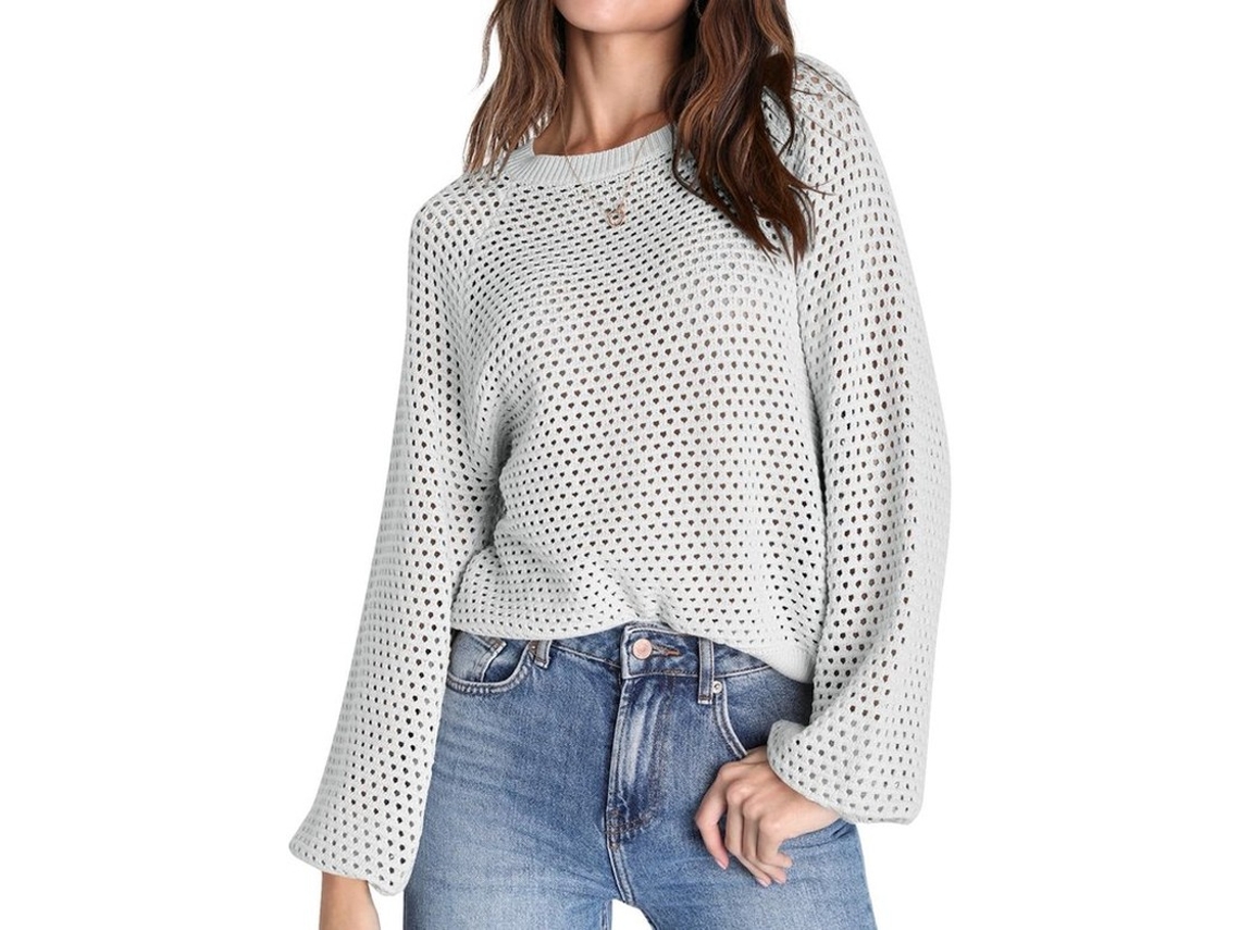 Escolha Sólida - Pulôver Com Design De Rede De Peixe - Gola Redonda - Leve - Respirável - Feminino - Design Elegante - Suéter