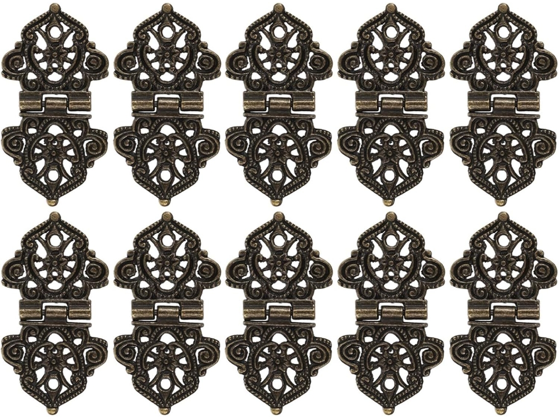 Conjunto De 10 Dobradiças Reforçadas Em Liga Zinco Com Estilo Gravado Antigo Para Caixas Joias, Adegas E Ferragens