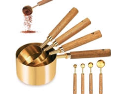 Conjunto De 8 Peças Xícaras E Colheres Medidoras Em Aço Inoxidável, Douradas, Com Cabos De Madeira, Ideais Cozinhar
