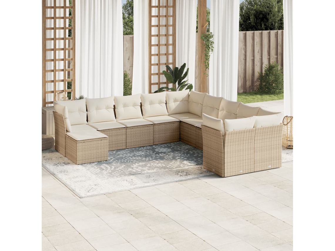 Vidaxl 11 Pcs Conjunto Sofás De Jardim C/ Almofadões Vime Pe Bege