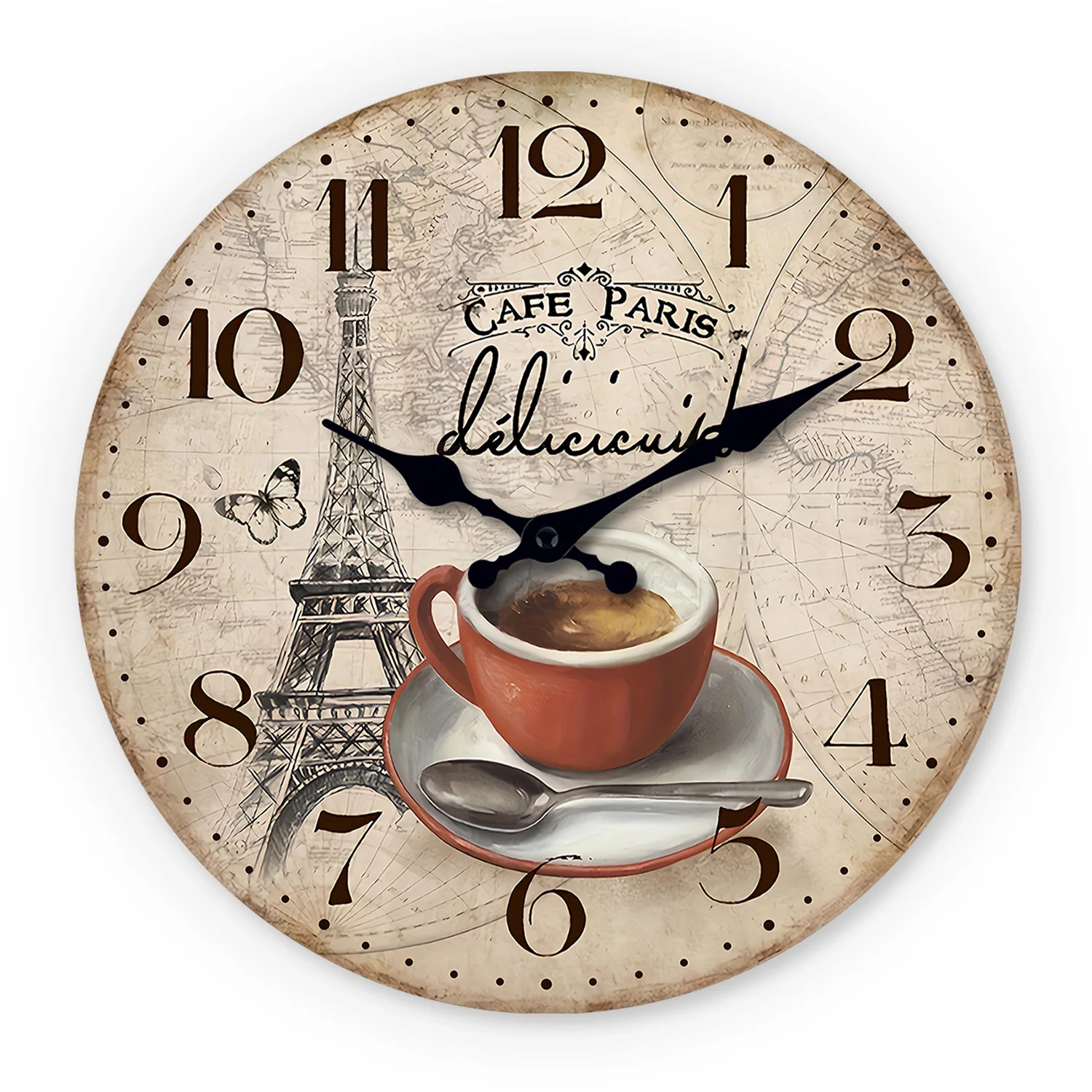 Relógio de parede vintage francês (35,5 cm) em madeira, com formato de cafeteria e Torre Eiffel de Paris, relógio de quartzo silencioso.