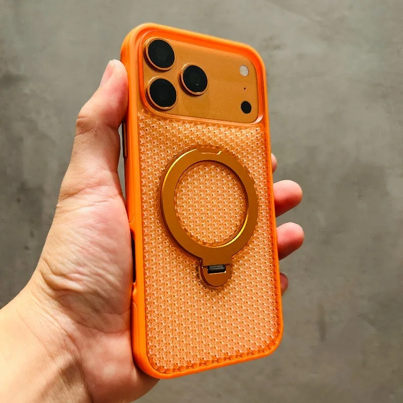 Capa Protetora Térmica Com Suporte Giratório E Design Em Favo De Mel (laranja) Para Iphone 14 Pro, Compatível Com Magsafe.