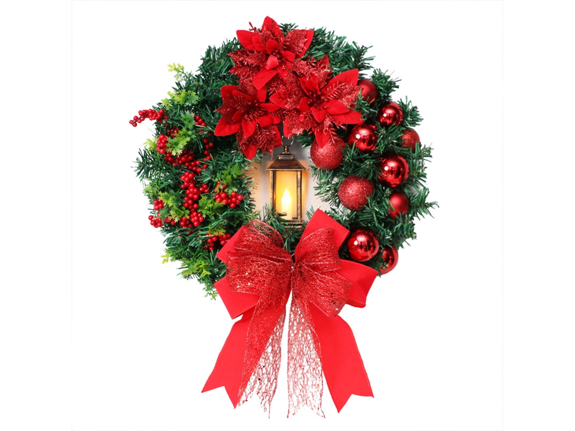 Coroa de Natal com Lanterna de Vento Laço Flor Vermelha Enfeite de Porta Da Frente para Decoração de Festa Janela