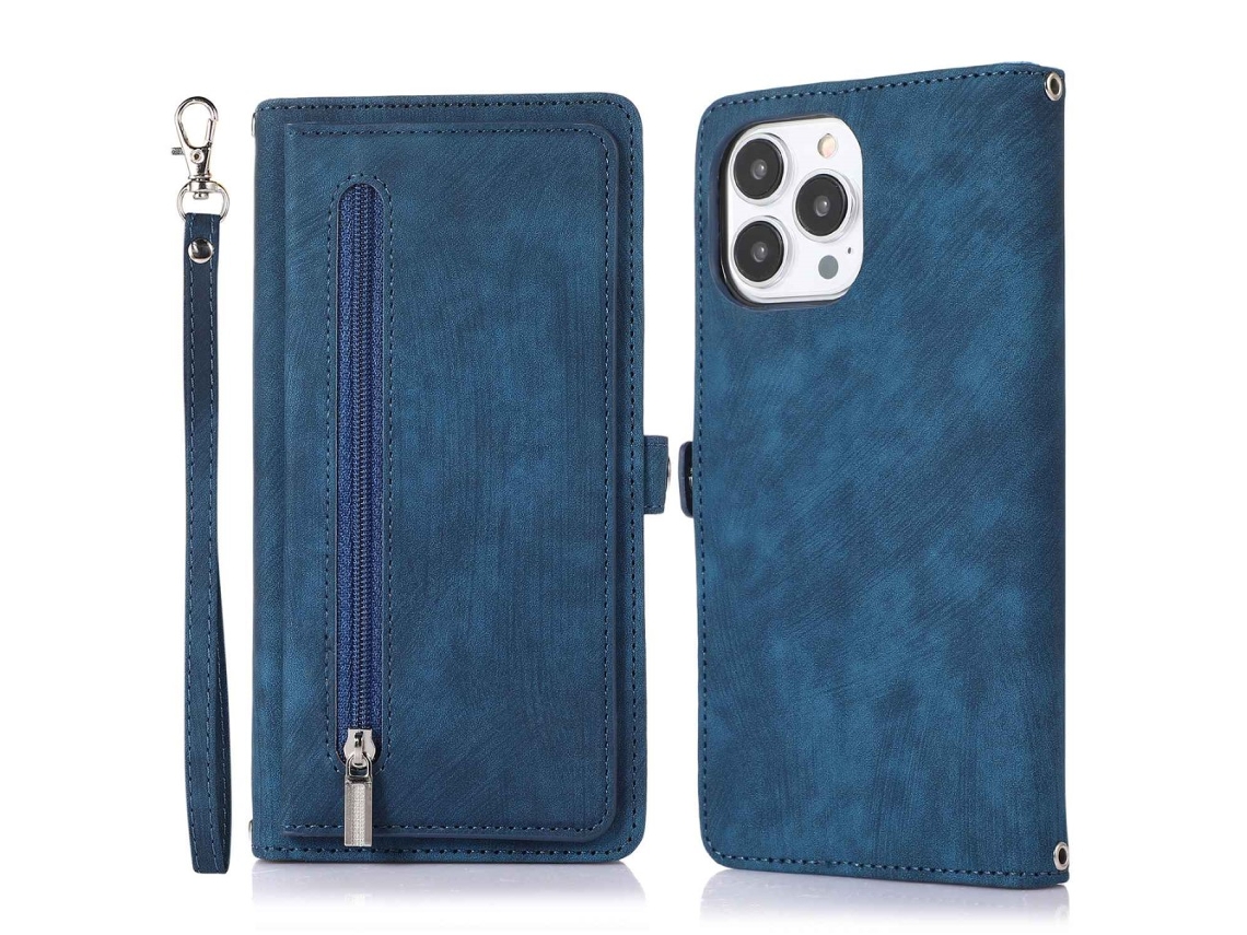 Capa Pega Para Iphone 14 Pro Max Pele Sintética Com Porta-cartões Azul