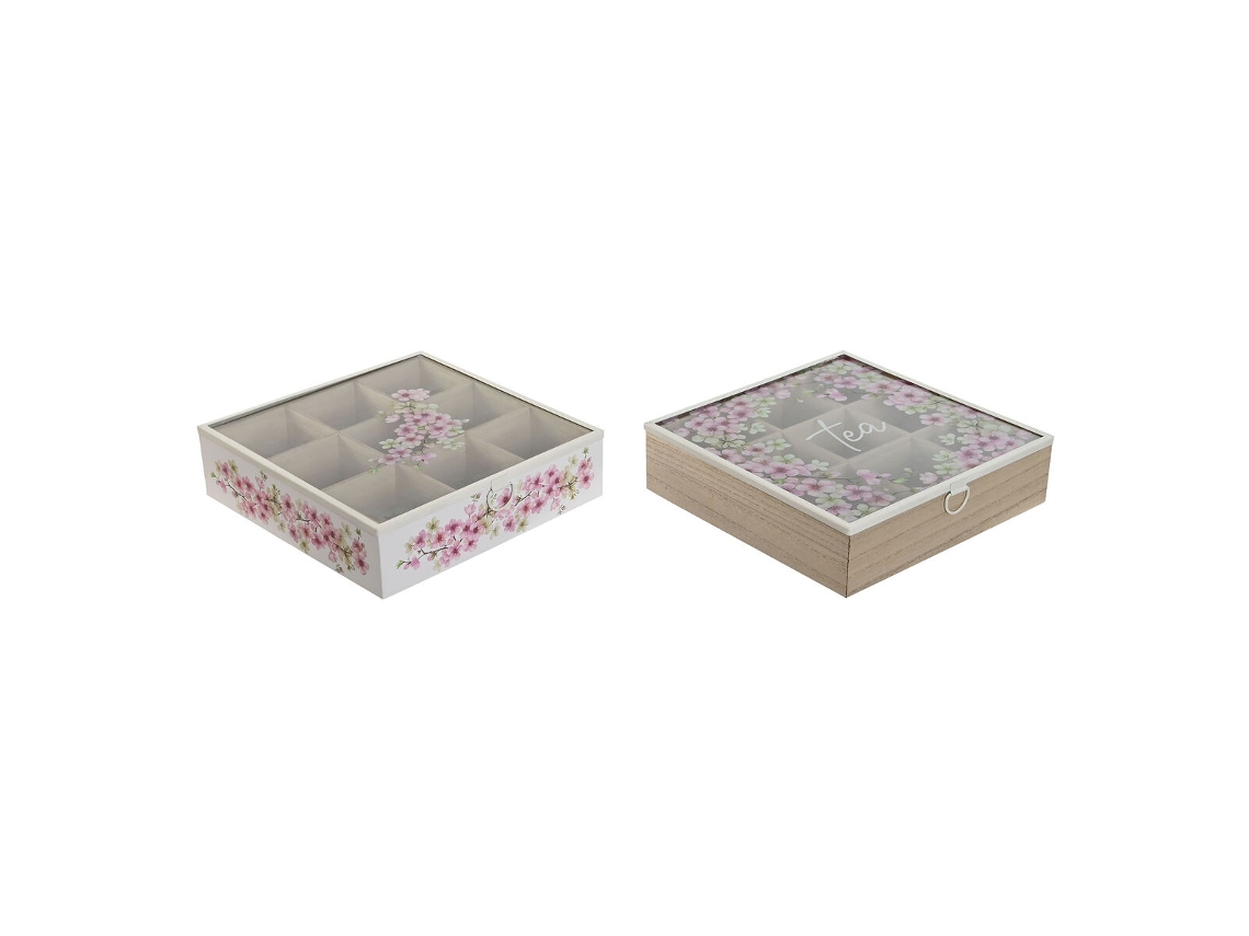 Caixa para Infusões HOME ESPRIT Branco Cor de Rosa Metal Cristal Madeira Mdf 24 X 24 X 6 5 Cm 2 Unidades