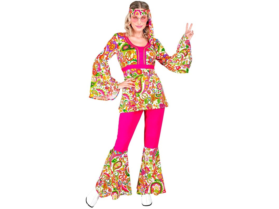 Fantasia hippie dos anos 60 com flores fúcsia para mulheres