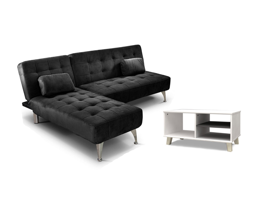 Sofá-Cama Chaise Longue XS Preto + Mesa de Centro DN Branco