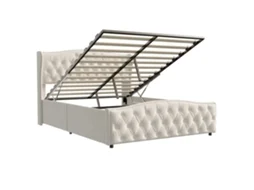 Cama de matrimonio funcional con somier hidráulico de 160 x 200 cm, con almacenaje y cabecero, tapizada en terciopelo blanco.