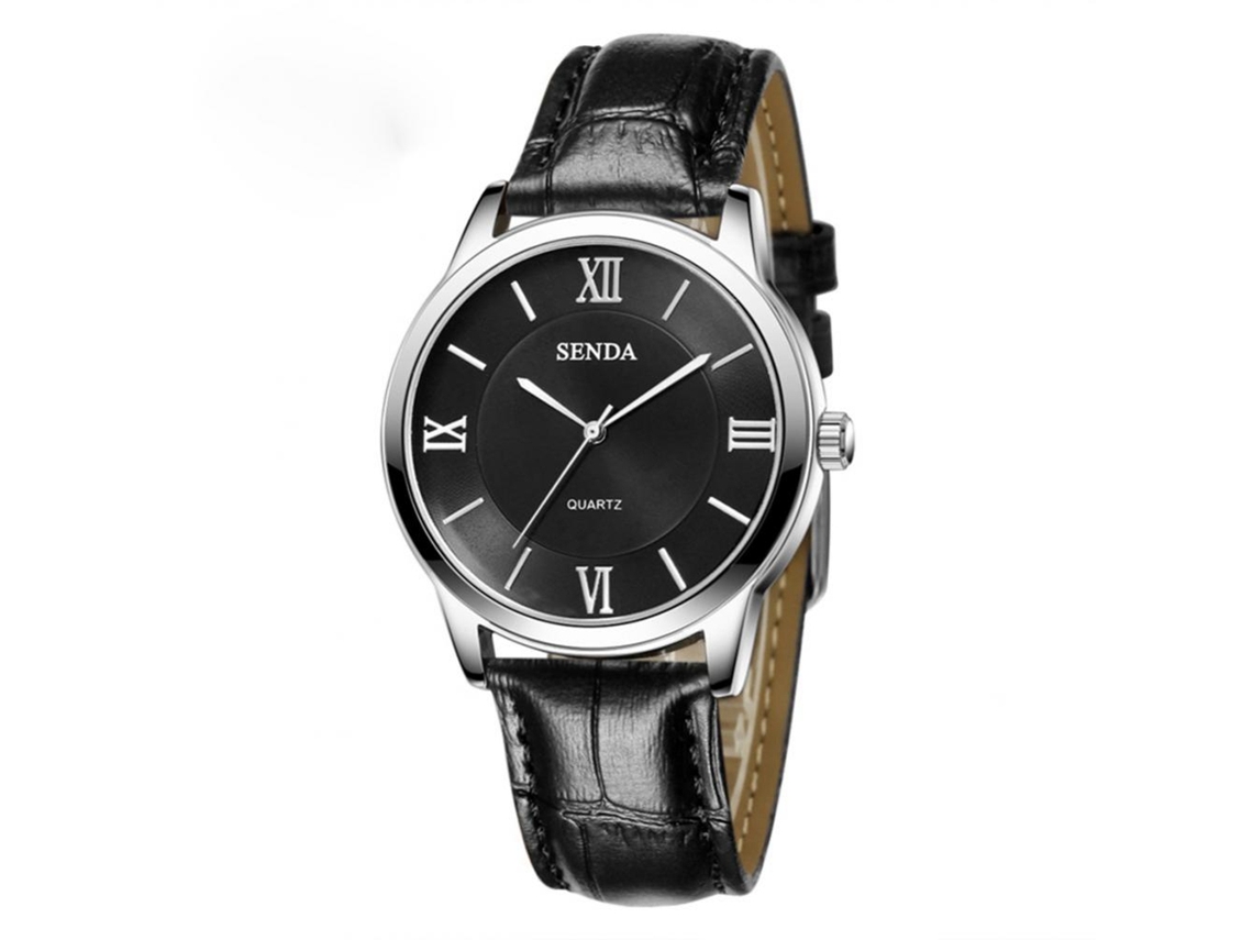 Relógio de pulso feminino Senda S-8195, modelo Simple Fashion, em couro, com movimento de quartzo, nas cores branco e preto.
