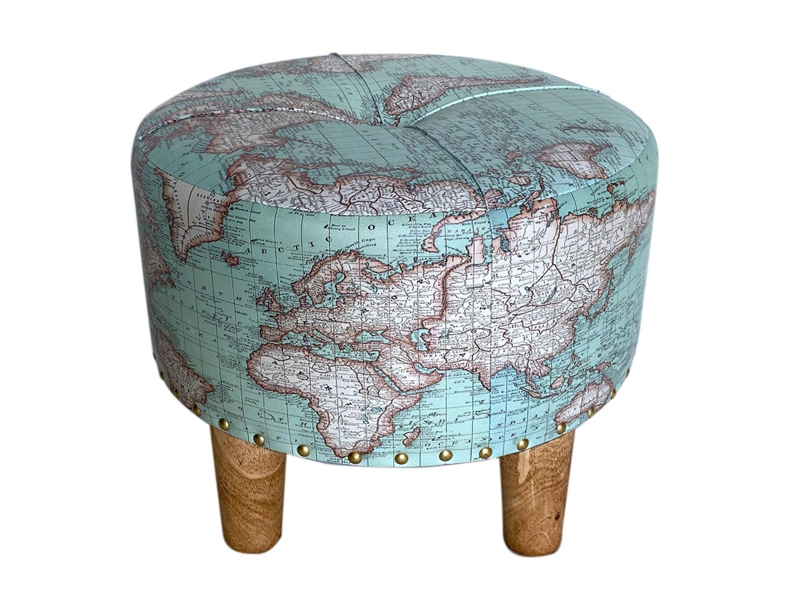 Mdf Taburete e Mapa Do Mundo e Pvc 33X40X40Cm Azul