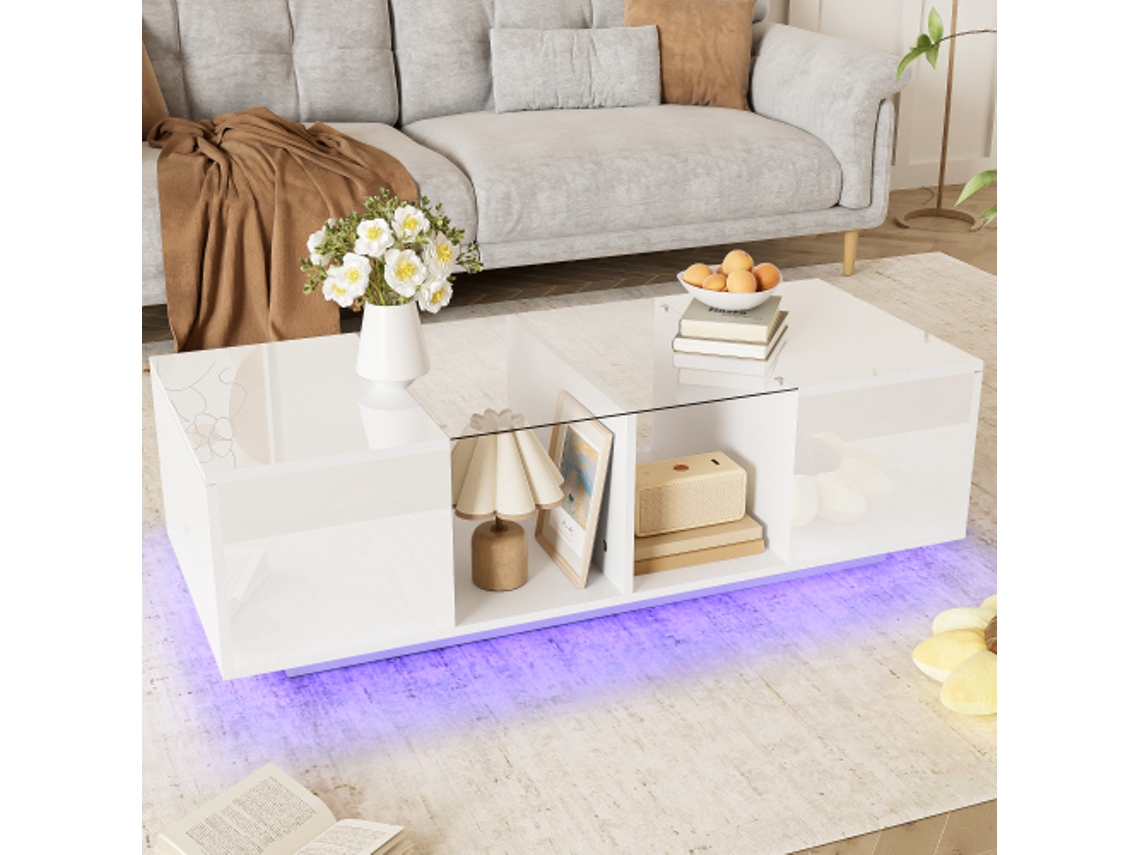 Mesa de Centro BTFORUS Moderna Branca com Iluminação Led, placa Brilhante (120x50x38,5 cm)
