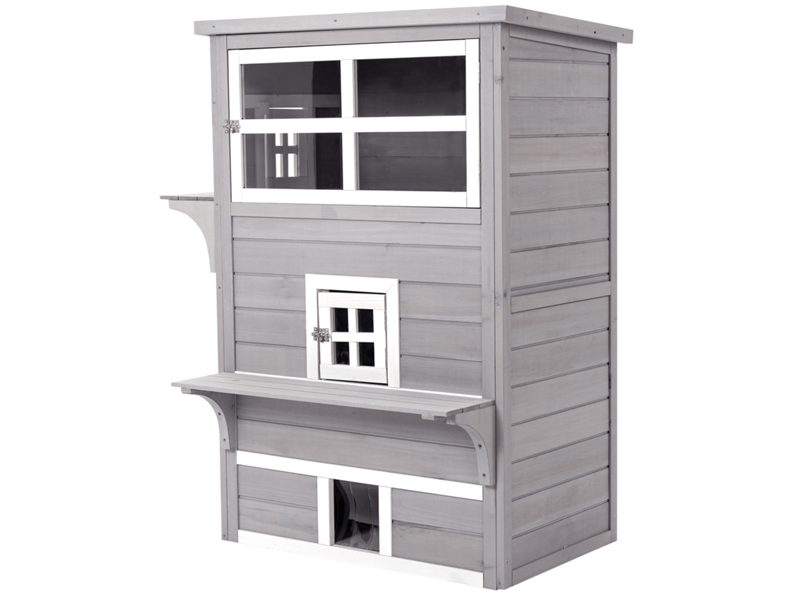 Casa Gato Madeira 3 Andares Múltiplas Entradas Janelas Plataformas Perfeita Jardim Varanda 93,5x67x117cm Cinza Design