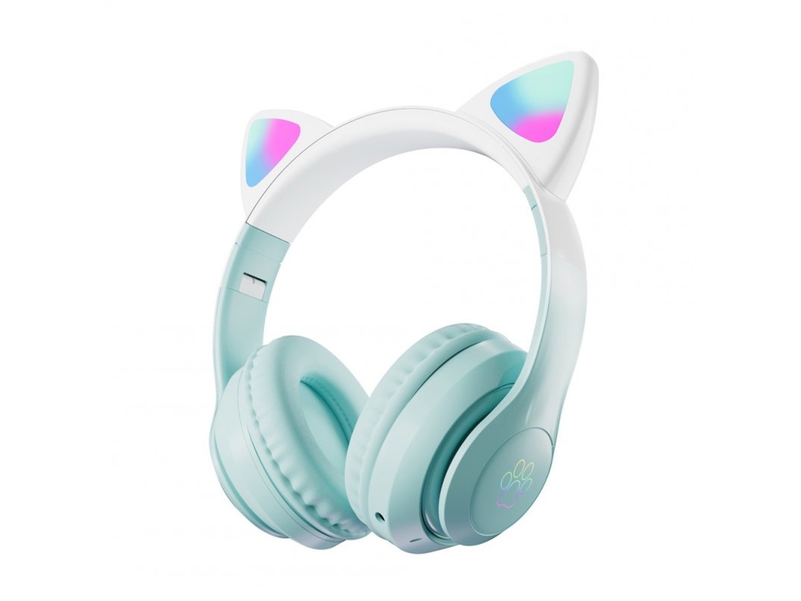Auscultadores Bluetooth Sem Fio Fofo Orelha de Gato Cor Gradiente Luminoso para Jogos Montado na Cabeça Branco Verde