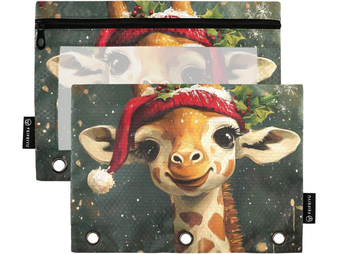 Pasta De Natal Com Estampa Girafa, Bolso Transparente Lápis, Janela Transparente E Ilhós, Pasta De Três Argolas