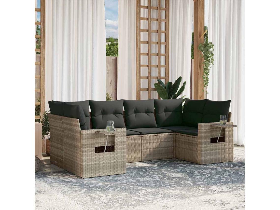 Vidaxl 6 Pcs Conj. Sofás Jardim Com Almofadões Vime Pe Cinzento-claro