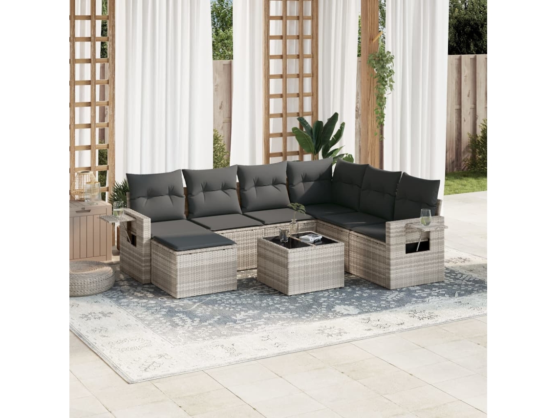 Vidaxl 8 Pcs Conj. Sofás Jardim C/ Almofadões Vime Pe Cinzento-claro