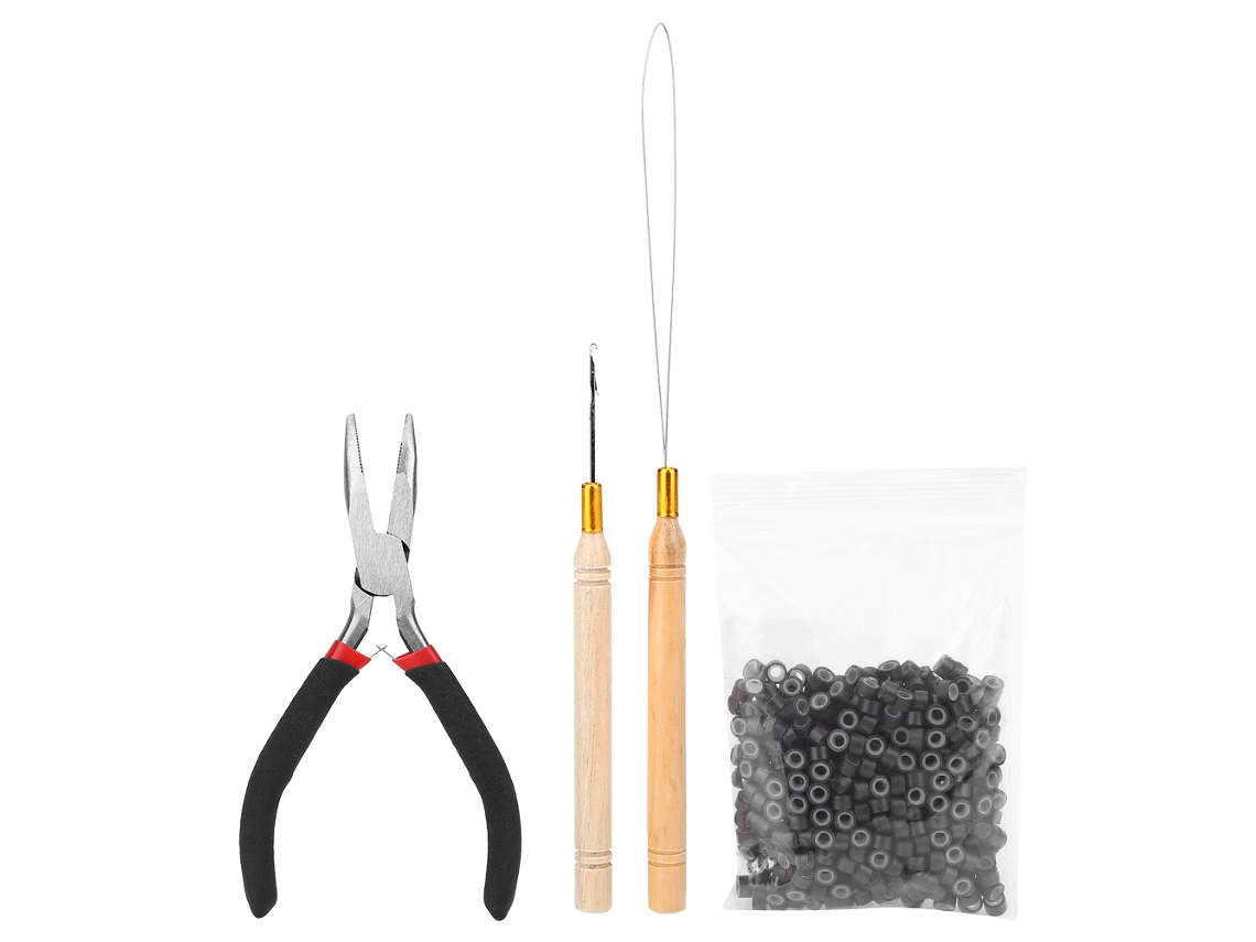 Kit De Extensão De Cabelo Com 4 Peças: Agulha, Alicate E 500 Anéis Micro Silicone Marrom Escuro