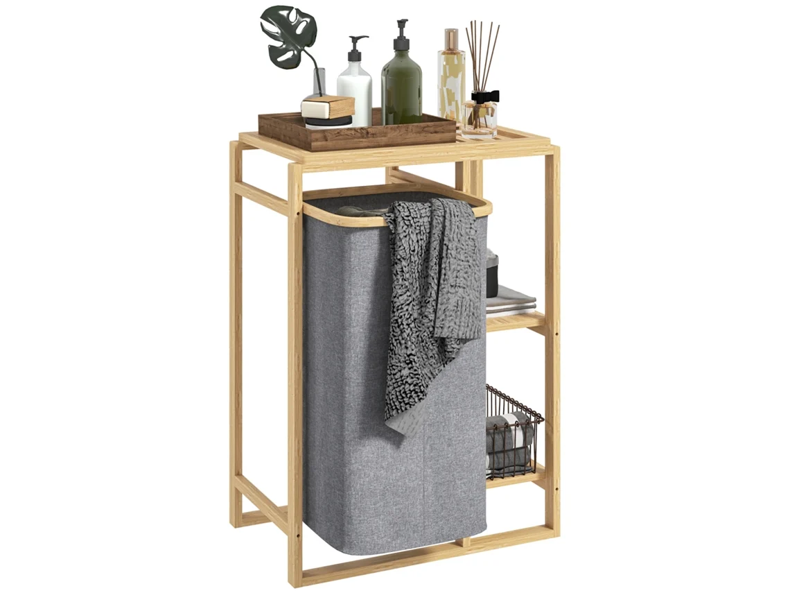 Cesto Portabiancheria com Saco Removível e Prateleiras de Bambu 50x32x70 Cm Cinza BTFORUS