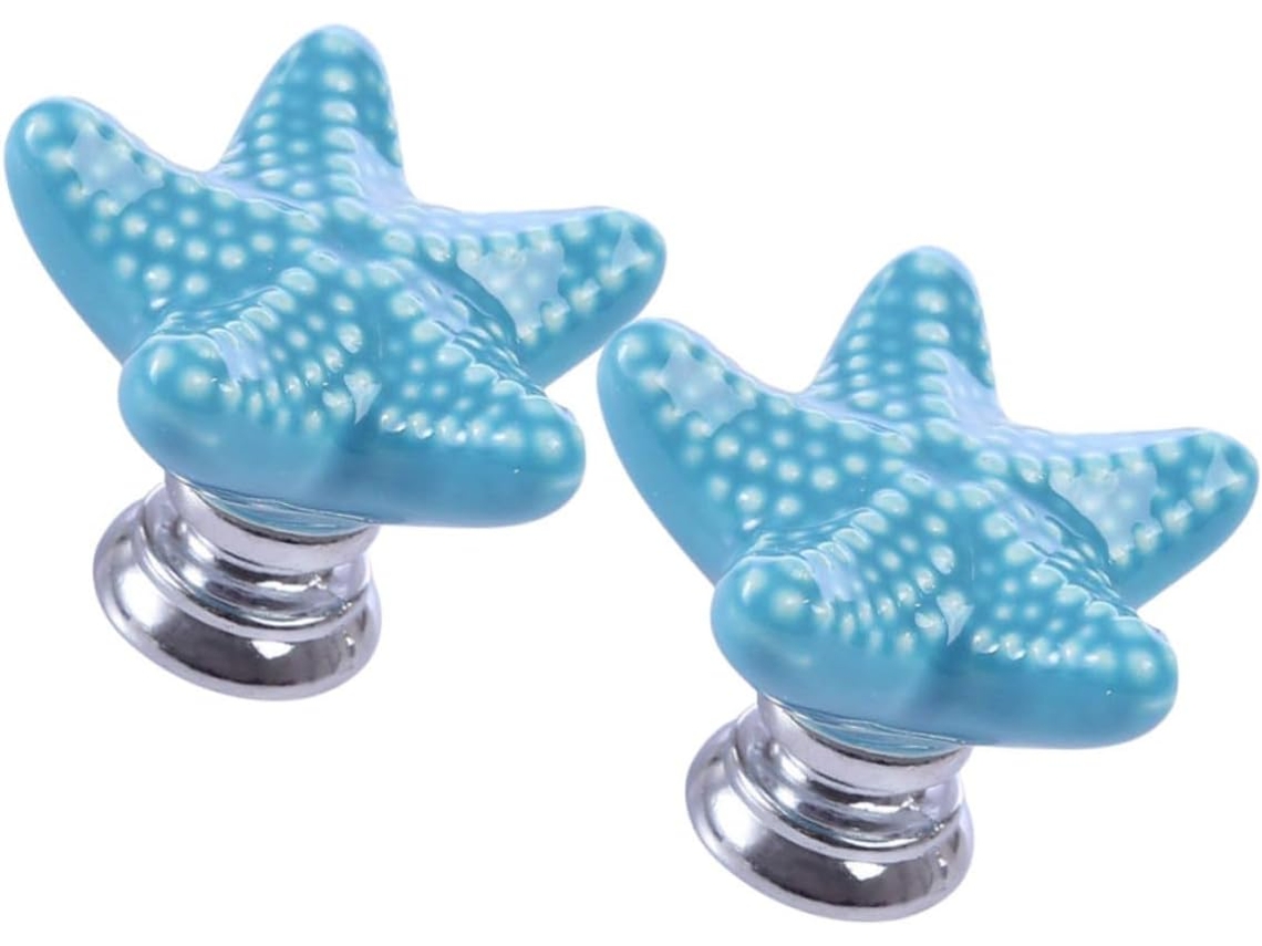 2 Puxadores Decorativos Em Cerâmica Formato De Estrela Do Mar, Na Cor Azul