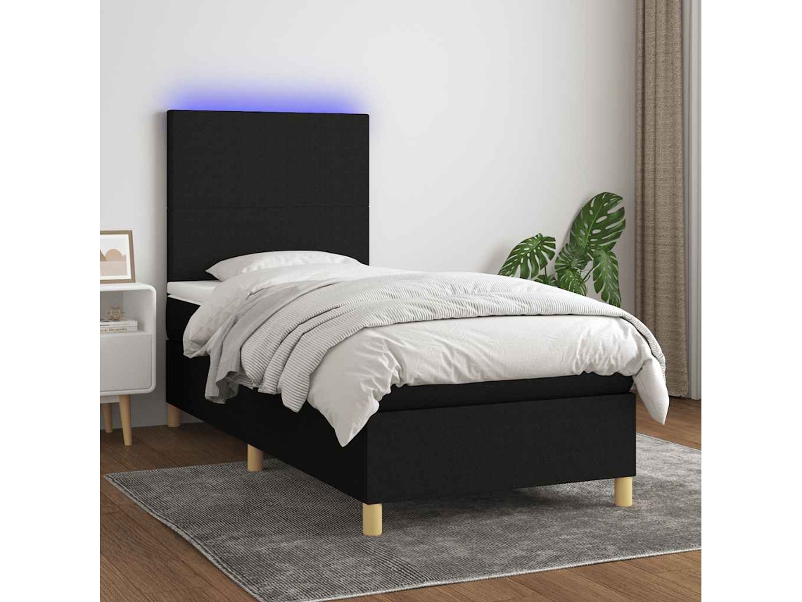 Vidaxl Cama Box Spring C/ Colchão E Led 90x200 Cm Tecido Preto
