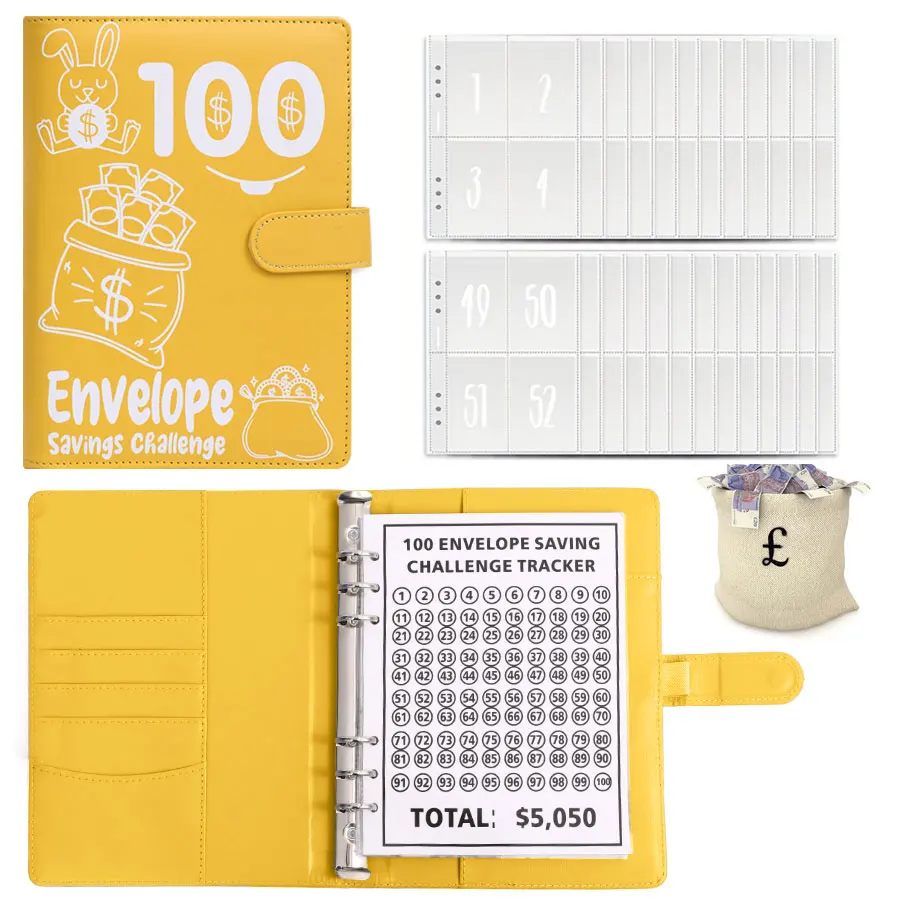 (conjunto Amarelo, A5) Organizador De Orçamento E Poupança Com Envelopes Para Dinheiro - Modelo Envelope Challenge Em Folhas Soltas