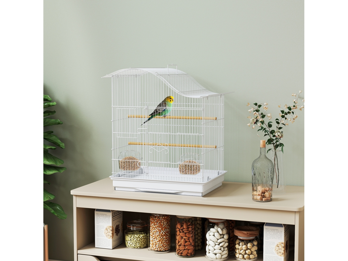 Gaiola Para Pássaros A 4 Portas Com 2 Tigelas, 2 Poleiros E Bandeja, Em Metal Plástico, 47.5x36x54.5 Cm, Branco