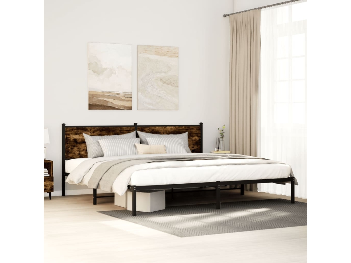 Estrutura De Cama Sem Colchão 193x203cm Metal Carvalho Fumado
