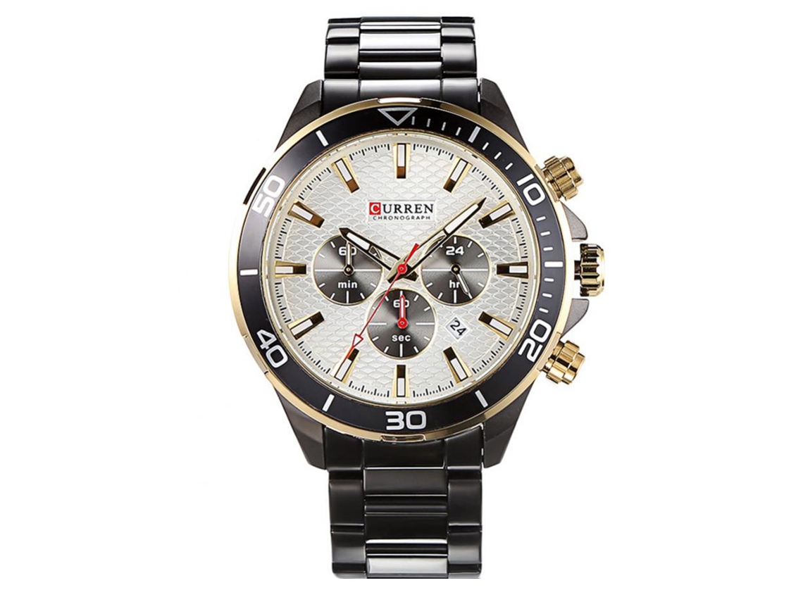 Relógio de pulso masculino de quartzo com pulseira de aço, mostrador redondo (caixa preta, mostrador branco)