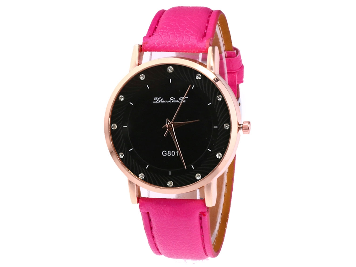 Relógio de quartzo com pulseira de couro PU, mostrador redondo, decoração com strass, unissex, Zhoulianfa (rosa e vermelho)