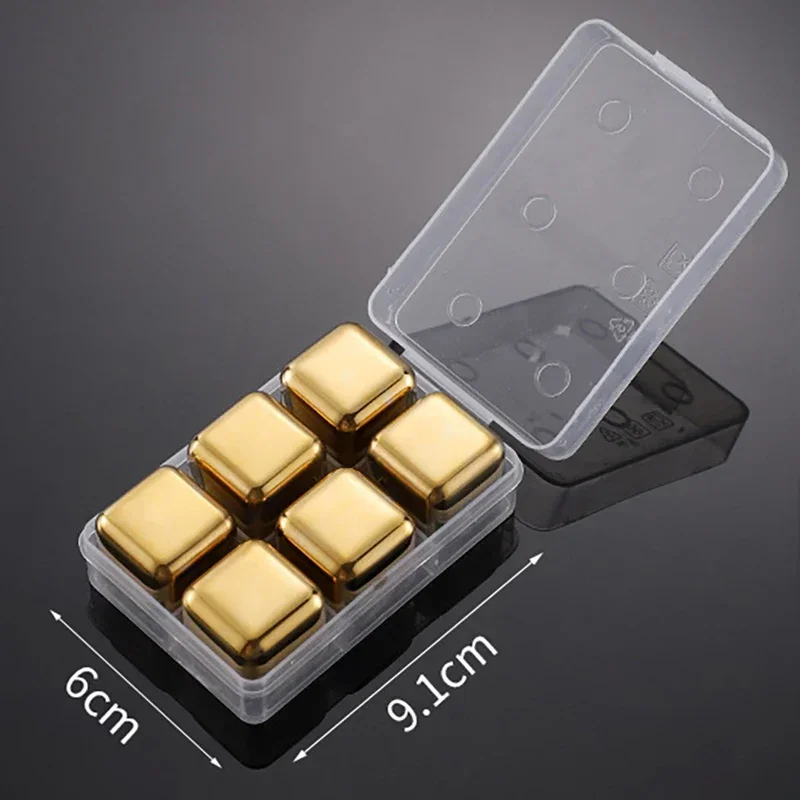 Cubos de Gelo Reutilizáveis em Aço Inoxidável, Congelamento Rápido, Metal Próprio para Alimentos. MDUG (dourado, Pacote com 6)