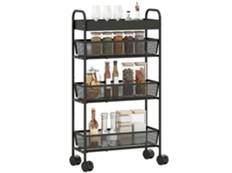 Carrinho Organizador de 4 Níveis, com Rodinhas, 3 Cestos Deslizantes, Cesto Superior de 19 X 43,2 X 80 Cm, Preto. LAMAISON