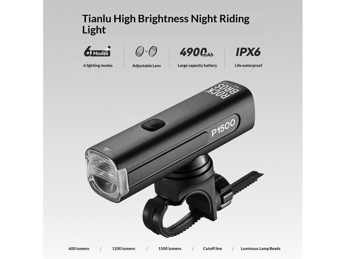 Rockbros Farol Bicicleta 1500/1200/600lm 6 Modos Carregamento Tipo C Ipx6 Feixe Amplo 120°