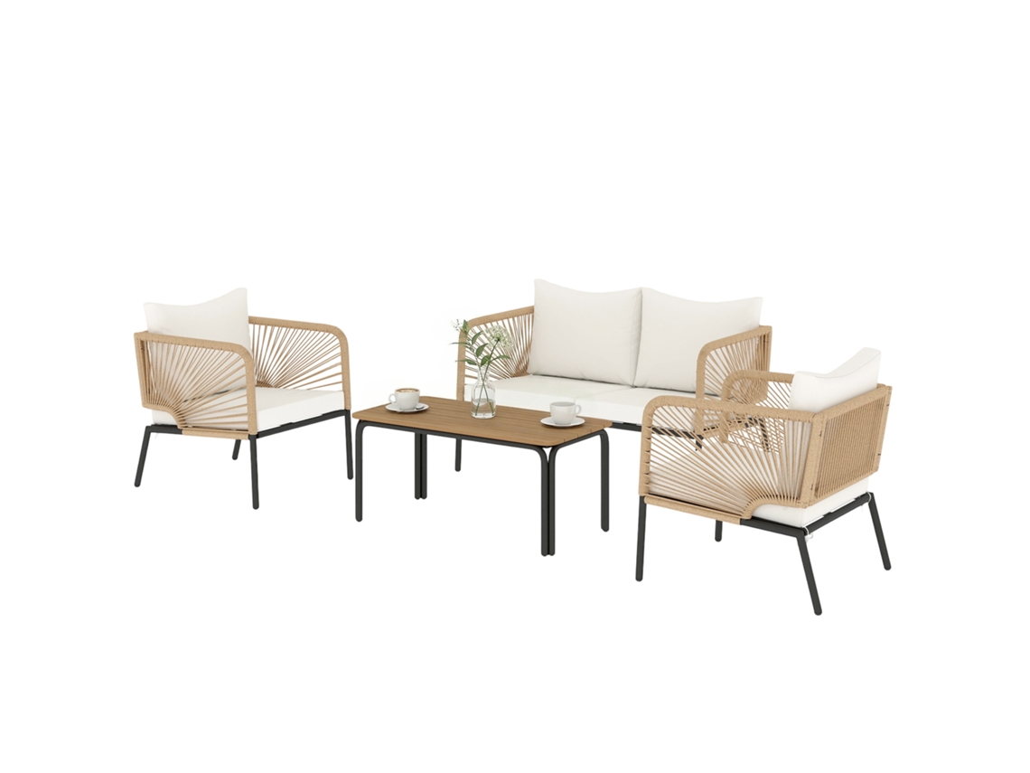Conjunto Jardim 4 Peças com sofá, 2 poltronas, mesa Wpc, corda ratão e almofadas brancas | S/MARCA