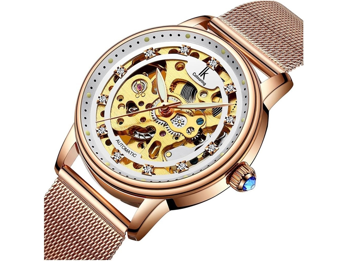 Lurelia Relógio Mecânico Feminino, Automático, Aço Inoxidável, Resistente À Água, Prata, Dourado