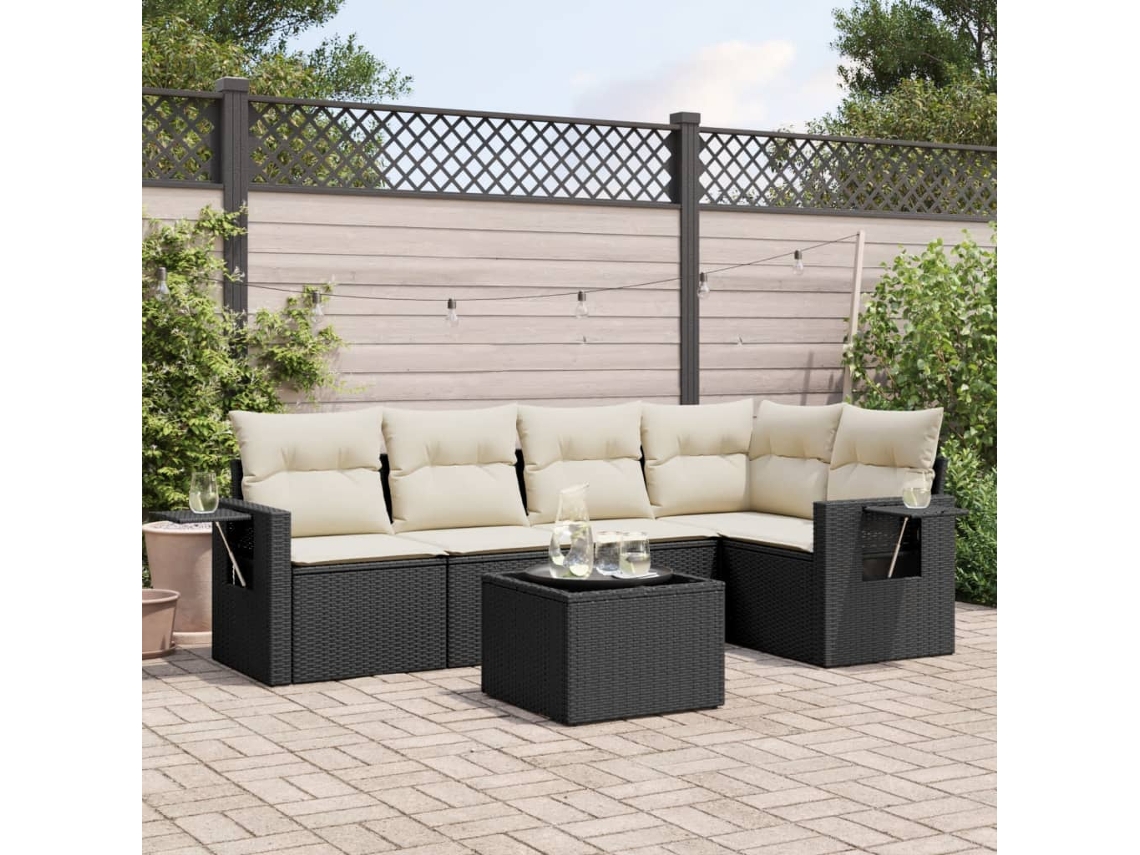 Vidaxl 6 Pcs Conjunto Sofás De Jardim C/ Almofadões Vime Pe Preto