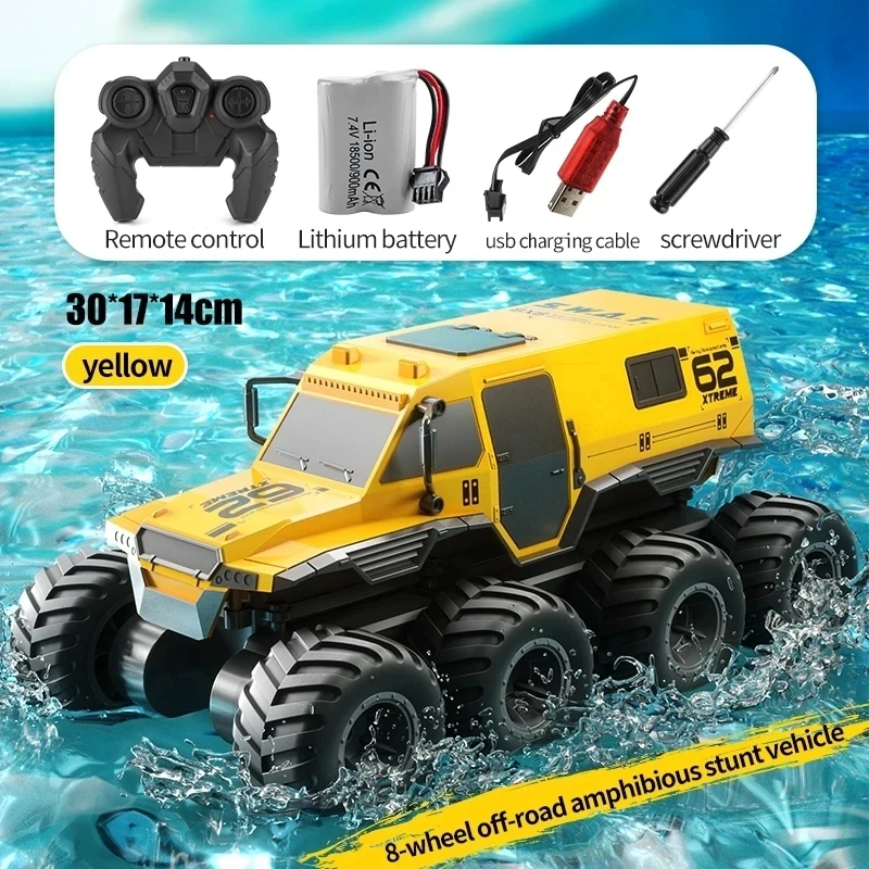 Carro de Acrobacias Anfíbio Off road com Controle Remoto, Caminhão de Corrida de Alta Velocidade com 8 Rodas, À Prova D'água MDUG (amarelo)
