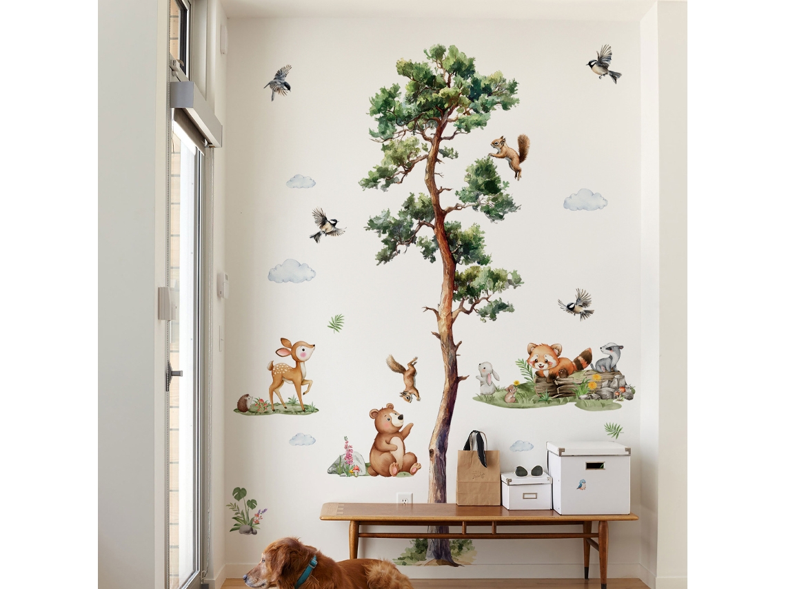 Adesivos de Parede com Animais da Floresta, Papel de Parede Autoadesivo com Desenhos Animados, Adesivos Decorativos para o Desenvolvimento Infantil