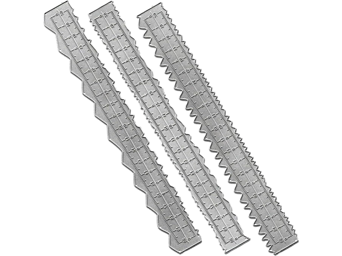 Régua de metal galvanizado, com medidas em centímetros e polegadas, em aço carbono, para papel, com bordas onduladas e