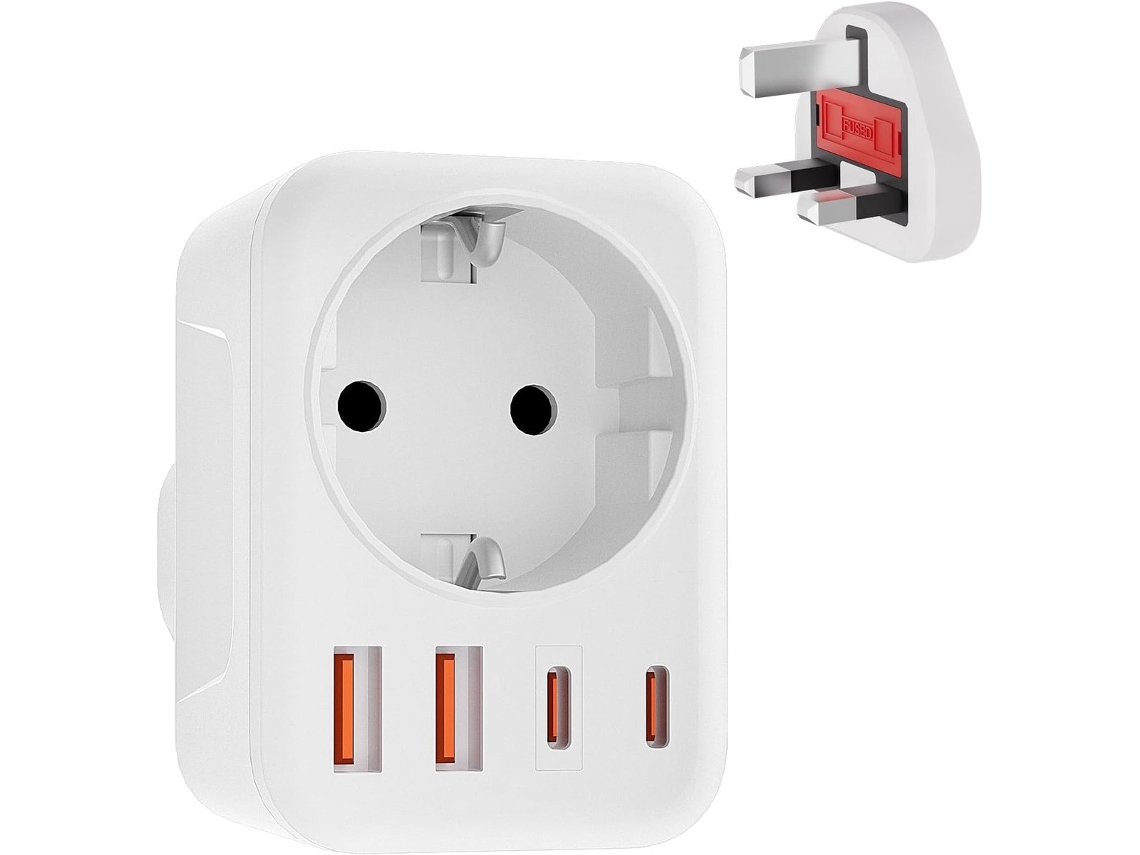 Adaptador de viagem AQUAFORGE 5 em 1 com 2 portas USB e 2 USB C, para Inglaterra, Irlanda, Catar, Malásia, Dubai