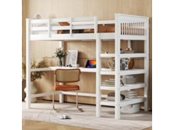 Cama Alta Infantil 90x200 Cm, Escrivaninha, Prateleiras, Madeira Branca VSOGA