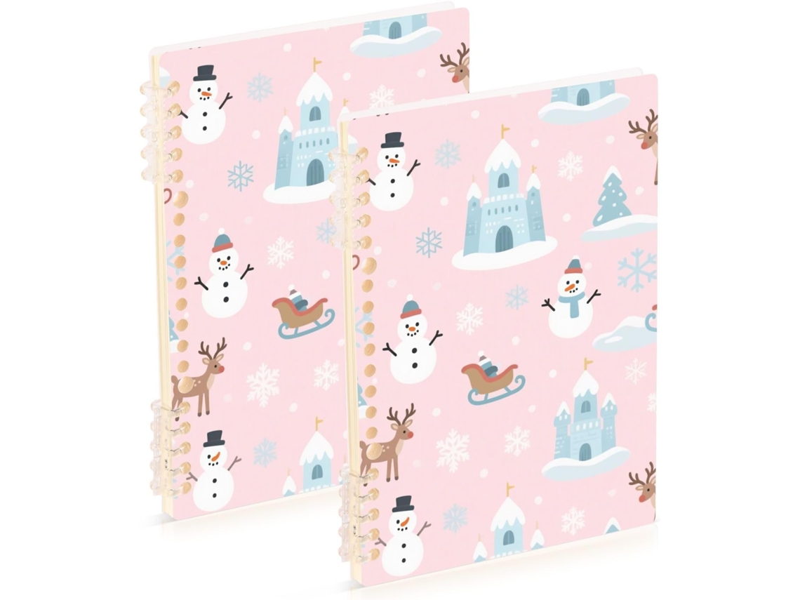 Conjunto de 2 Cadernos Espiral Pautados, Tamanho A5, com Estampa Animais Inverno , nas Co (veado e Boneco Neve)