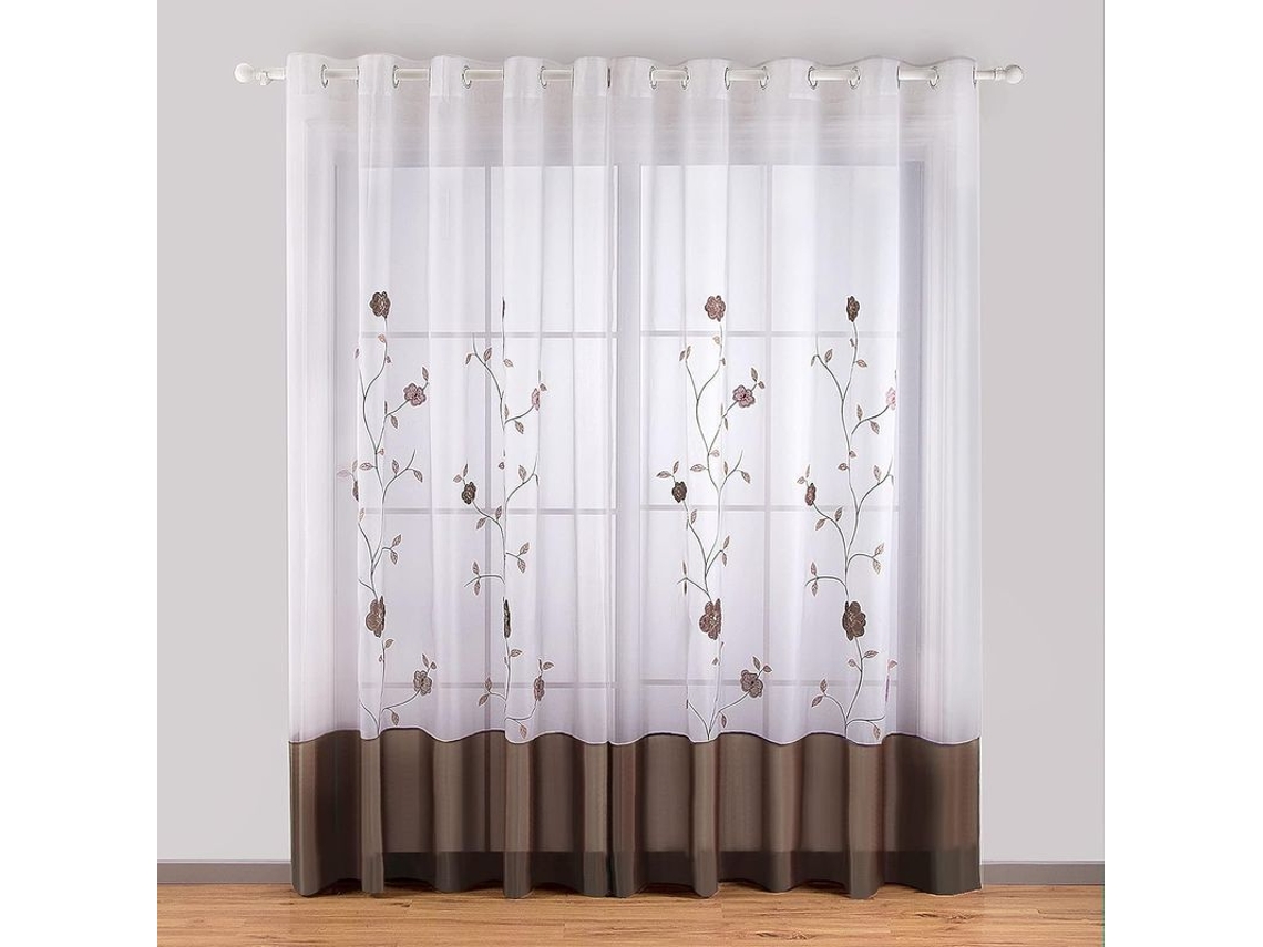 2026-cortina Transparente Com Bordado Floral Linjou, 140x175cm, Marrom Para Quarto Cozinha Sala De Estar 140x175cm Marrom